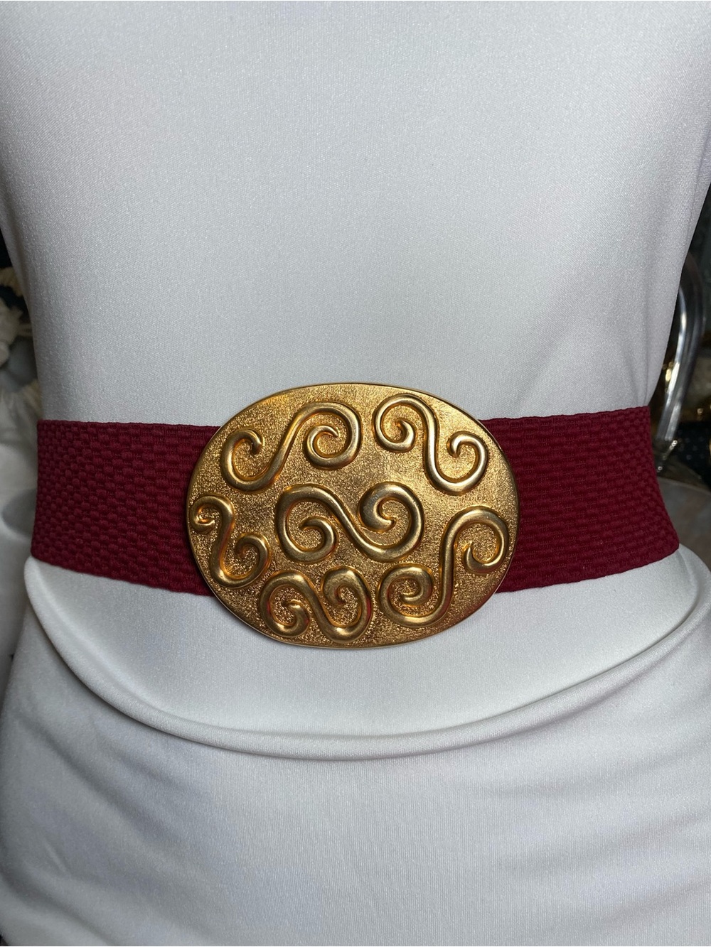 Vintage Gold Swirl Oval Buckle Burgundy Elastic Women’s Belt